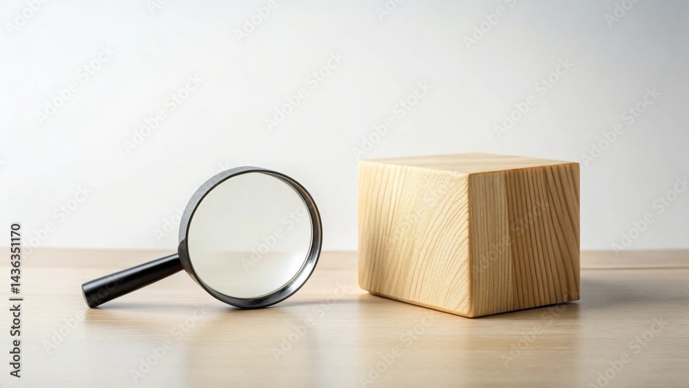 Poster a magnifying glass rests near a solid wooden cube, symbolizing investigation and analysis of a simpl