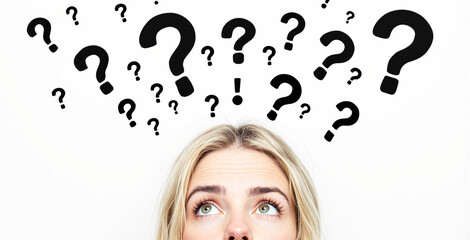 A confused woman looking up with many question marks above her head, minimalistic graphic style, white background, concept of confusion and curiosity. Ai generative