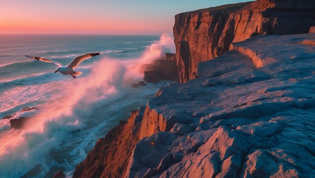 Seagull Flying Over Cliff at Sunset with Ocean Waves