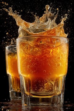 Jager Bomb Explosion Captured Midair with Splashing Golden Liquid and Dramatic Lighting