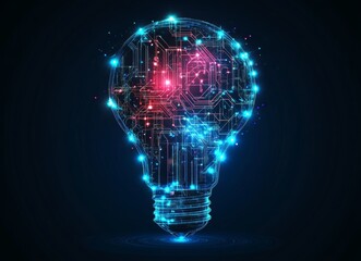 The lightbulb shines brightly, its vibrant internal workings bursting with energetic and innovative spirit, as streaks of light around it evoke a futuristic atmosphere