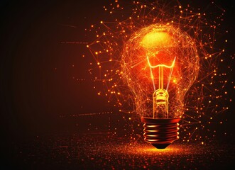 On a dark backdrop, a glowing light bulb with digital network connections and icons serves as a symbol of innovation, technology, and bright ideas