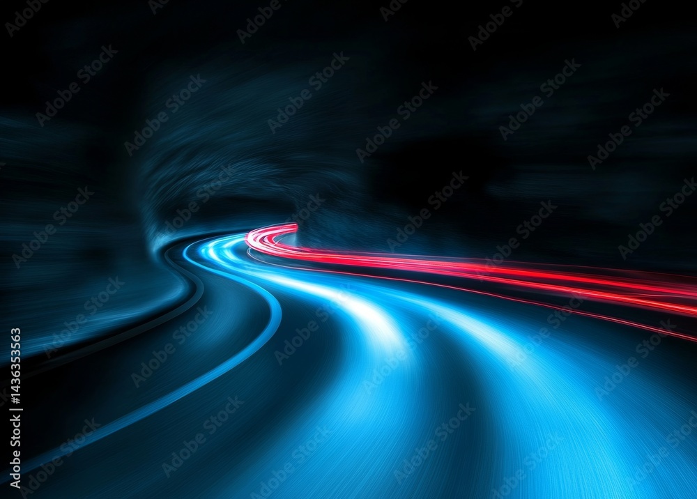 Poster dynamically curving and flowing red and blue light trails on a dark background create a sense of spe