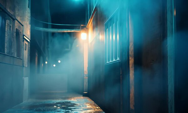 Eerie Night Alley with Dense Blue Fog Wet Pavement and Dim Streetlights in Moody Urban Scene with Dark Shadows