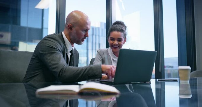 Mentor, laptop and planning with business people in office for corporate treasurer, company liquidity and investment. Portfolio manager, team and capital funds with employees in financial firm