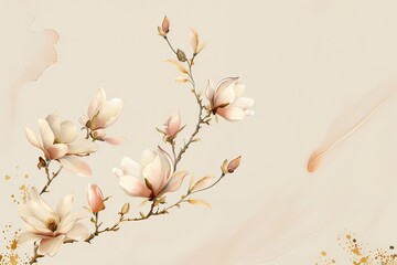 Golden magnolia branches on elegant light blue background. Wedding invitations, greeting cards, wallpaper, background, printing	