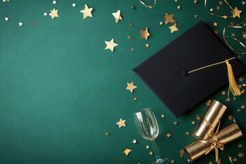 Graduation celebration with cap, confetti, and champagne
