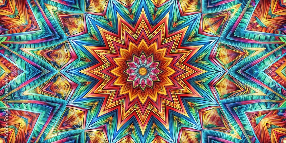 Poster vibrant kaleidoscope of interlocking geometric starburst patterns in a rich tapestry of jewel tones