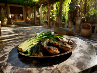 A platter of Roman Patina de Apua layered fish, leeks, garum sauce, and herbs, baked in a bronze pan. Marble dining table in a Roman villa atrium