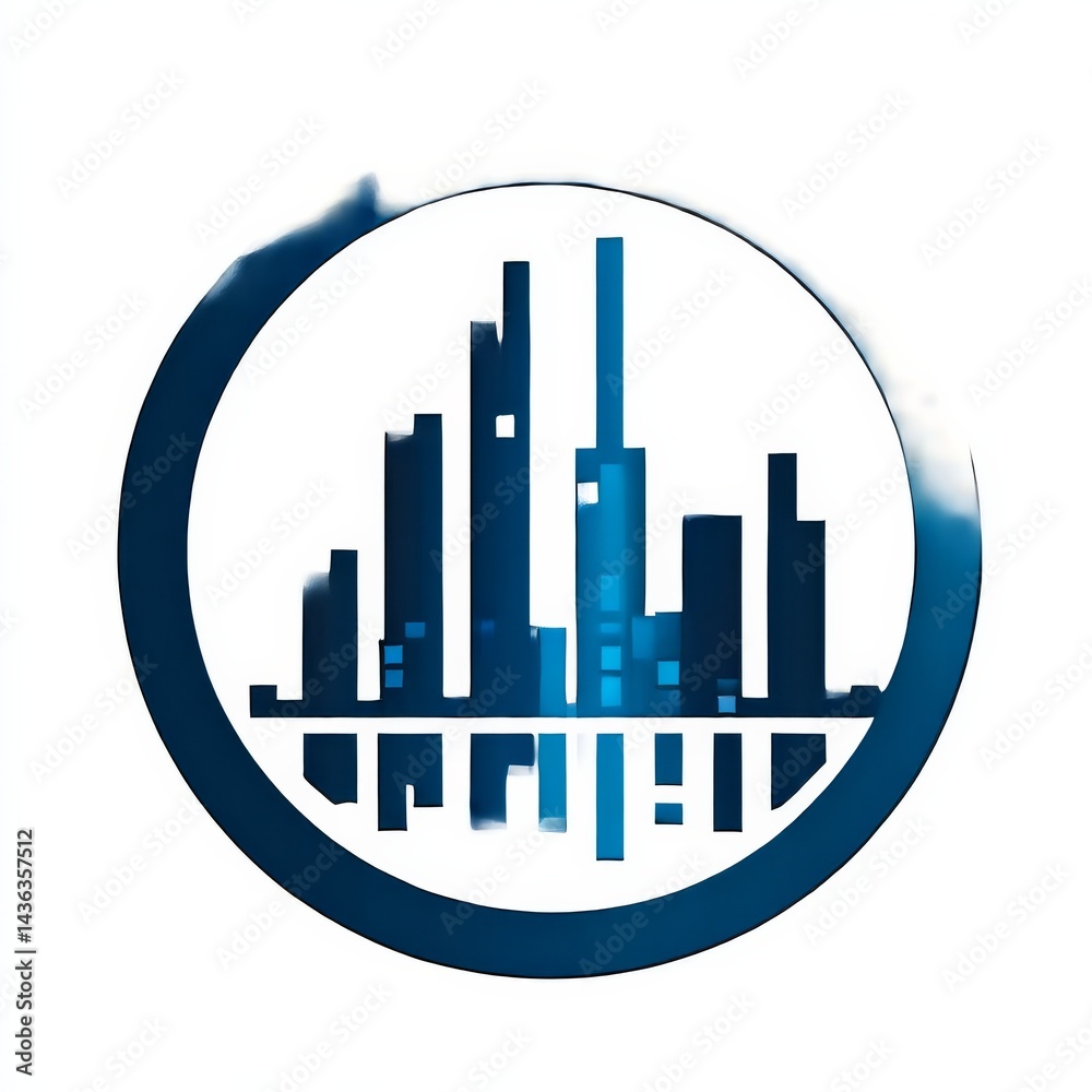 Aufkleber abstract blue cityscape silhouette enclosed in a circle frame with reflection effect and modern aest