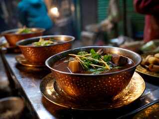 A serving of Indian Nihari slow-cooked beef stew with marrow, rich spiced gravy, served in hammered copper bowls, garnished with coriander and ginger slivers