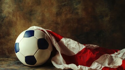 Fototapeta premium A flag draped over a soccer ball.