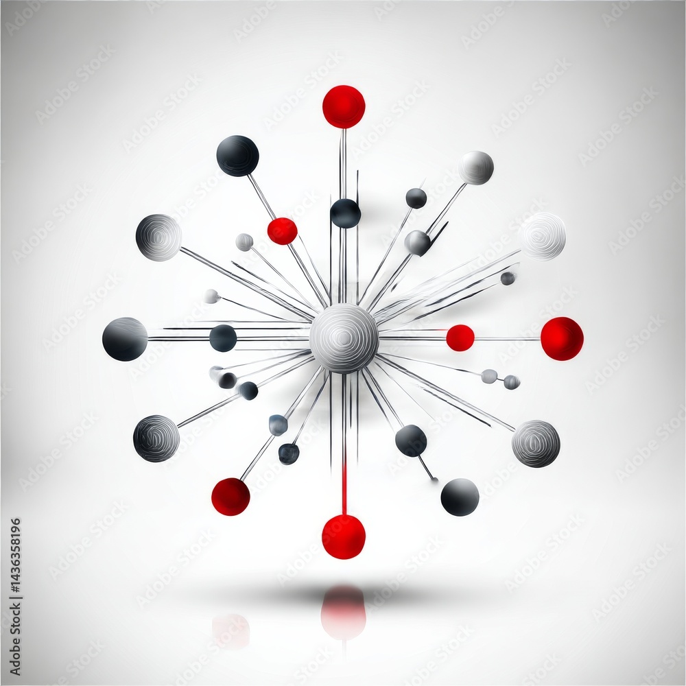 Poster abstract molecular structure: connected spheres with radial lines on white background