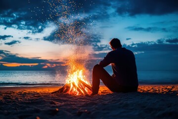 Man sitting alone by beach bonfire under starry sky