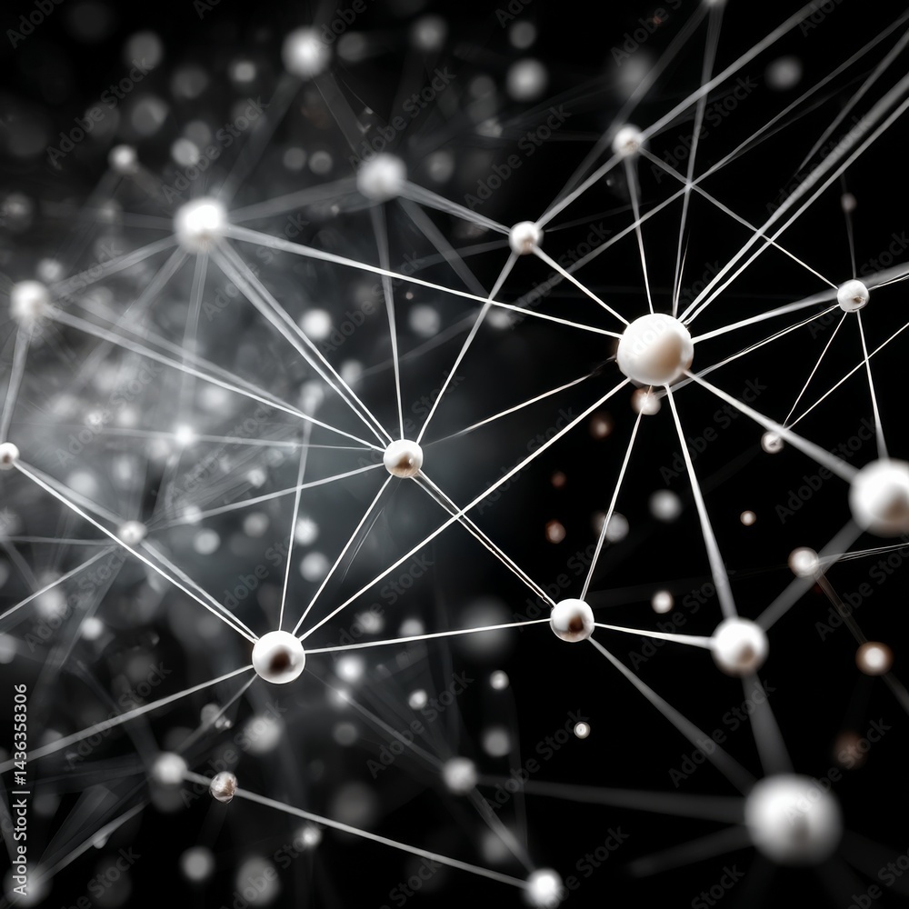 Poster abstract network: interconnected white spheres and lines on black background, depicting connectivity