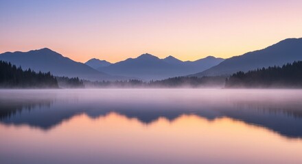 Fototapeta premium Misty mountain lake reflects a serene sunrise sky