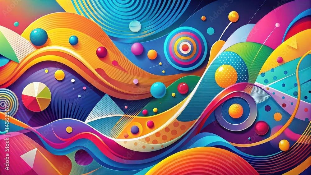 Aufkleber Vibrant Abstract Composition Featuring Dynamic Curves, Spheres, and Geometric Shapes in a Playful and Energetic Style