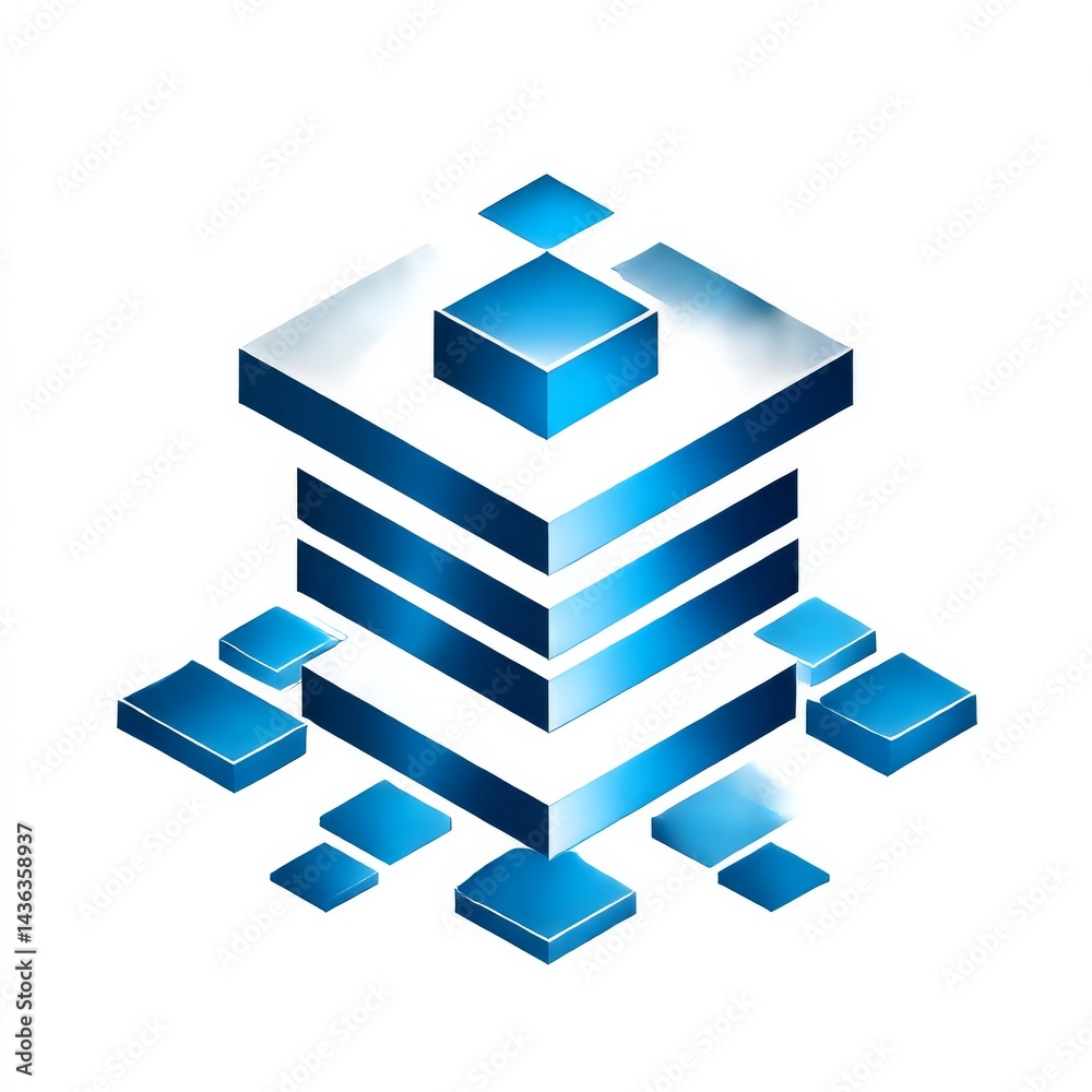 Poster Data Server Rack: A layered isometric illustration of a blue and white datacenter hub for networking and storage.
