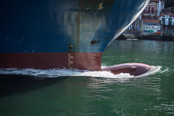 Bow of a ship, close-up, entering the port