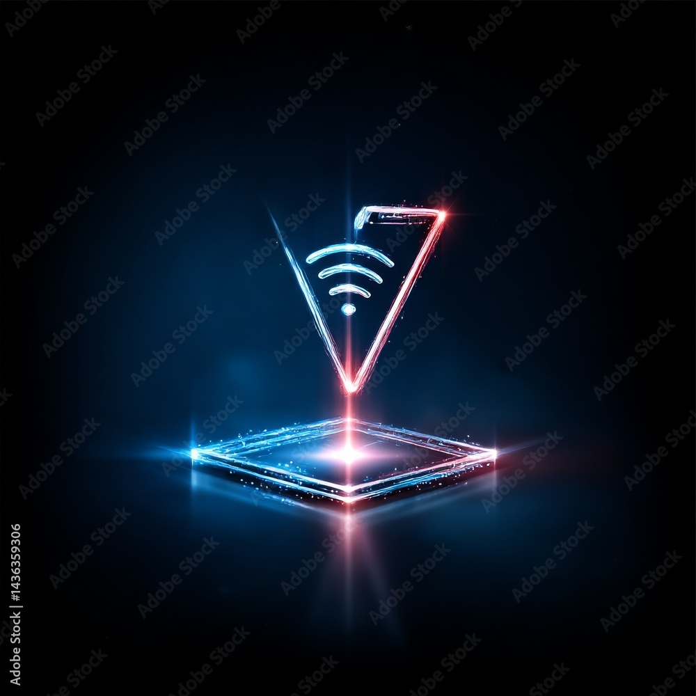 Aufkleber Futuristic Neon Wi-Fi Icon on a Platform with Blue and Red Light, Glowing Digital Connection Technology
