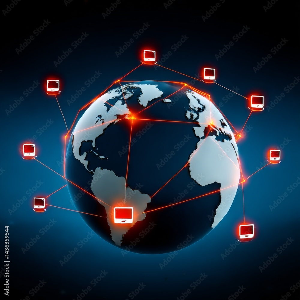 Poster Global Network Connection: World Globe with Computer Nodes and Red Communication Lines Representing Global Data Exchange