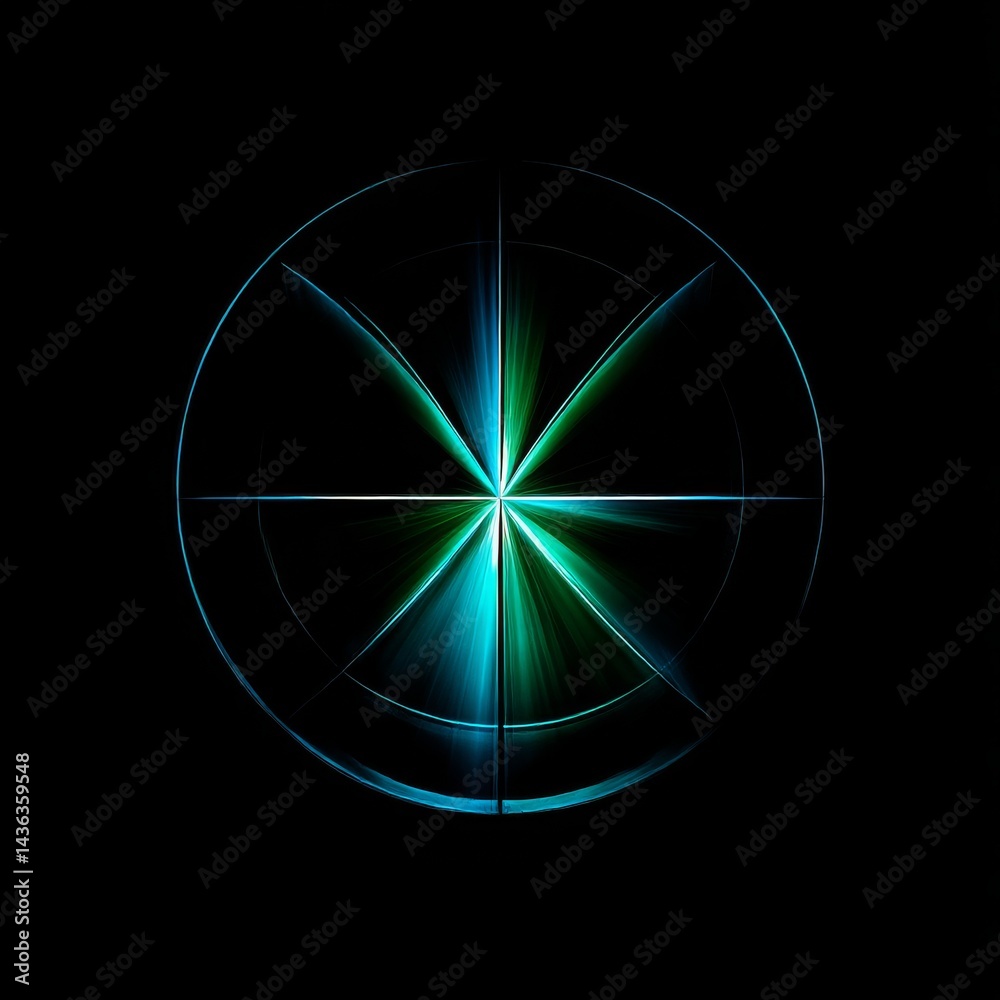 Poster glowing circle with radial beams of light: abstract energy and symmetry on a black backdrop