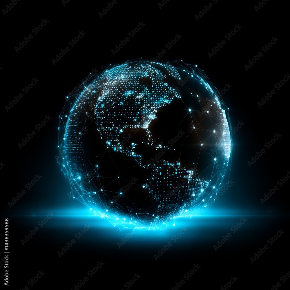Leinwandbilder Global Digital Network: Glowing Earth with Connected Data Points, Representing Global Communication and Connectivity