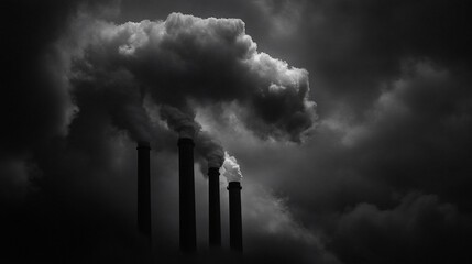 Dark clouds billow from industrial chimneys, black and white