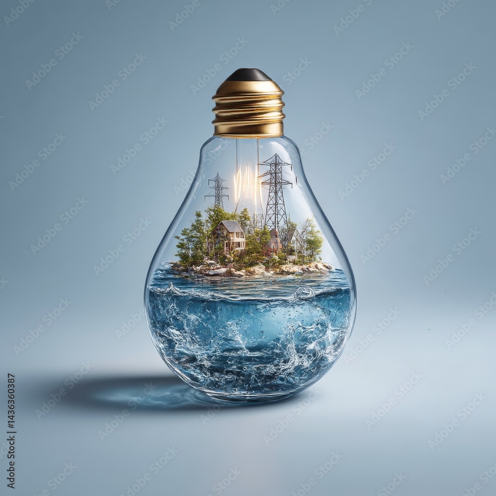 Poster sustainability in a bulb: conceptual image of renewable energy and a thriving island ecosystem conta
