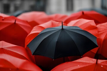 One Black Umbrella Among Red Umbrellas: A single black umbrella stands out amidst a sea of red umbrellas, symbolizing individuality, uniqueness, and standing out from the crowd.