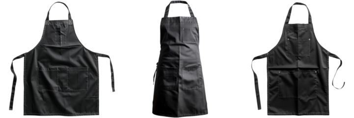 Professional Black Kitchen Aprons with Multiple Pockets Isolated on Transparent Background