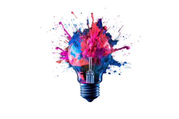 Creative explosion of colorful paint from a light bulb adds bold energy against a white backdrop