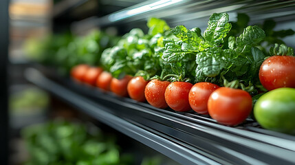 Fresh tomatoes and spinach arranged on shelves in a vibrant grocery store with natural lighting