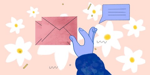 Illustration of a blue hand reaching for a red envelope, surrounded by white flowers on a pastel pink background. Light and cheerful mood.