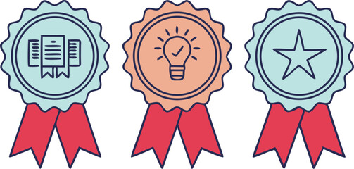 Achievement badge in colored scheme with minimalist vector graphics for business innovation and communication award 