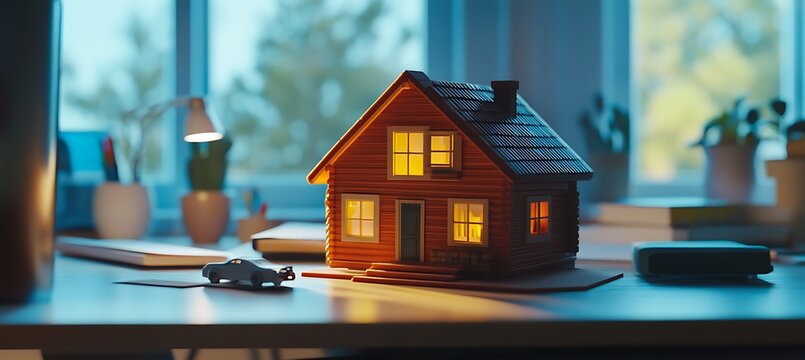 Cozy Cabin-Style House Model Sitting on an Office Desk in a Modern Workplace, Background for Branding Space.