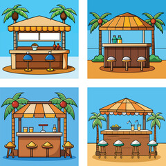 Obraz premium Cartoon Style Tropical Beach Bar Collection With Palm Trees Illustration