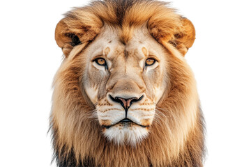 Fototapeta premium Front facing lion head image shows raw power and regal presence on pure white background