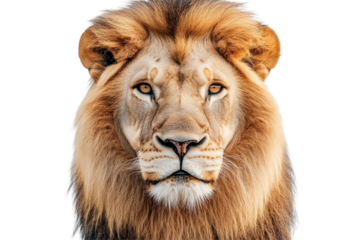 Front facing lion head image shows raw power and regal presence on pure white background