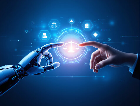 Robotic hand and human hand reaching toward a glowing justice scale icon, futuristic tech style, blue digital background, concept of technology and law. Ai generative