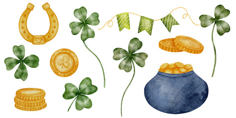 Hand drawn St Patrick elements set, watercolor style. Green and gold palette clover, money, horseshoe. Watercolor illustration perfect for invitations, greeting cards, packaging, festive decor