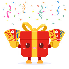 Cute cartoon Red mystery gift box is happy holding a discount sign with confetti and ribbon isolated on white background. Vector illustration flat design.