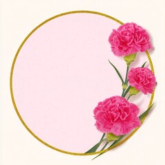 A pink circle with a gold border and pink carnations on the right side, on a white background.
