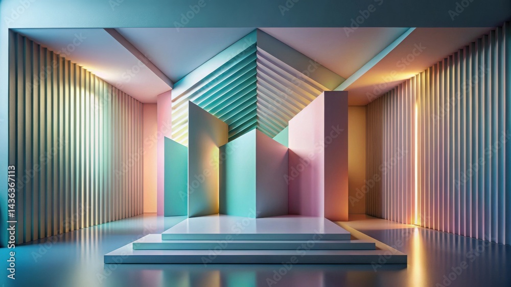 Aufkleber Abstract Pastel Interior Design A Modern Minimalist Architectural Rendering Featuring a Multi-Level Display Platform and Geometric Walls