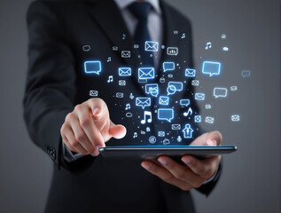 Businessman holding tablet with glowing tech icons like messages, emails, music, cloud on dark background, concept of digital communication. Ai generative