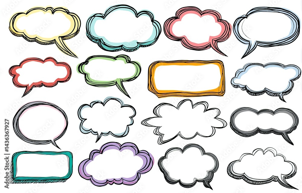 Wall mural a set of cartoon speech bubbles in various shapes and sizes, each with colorful outlines against a