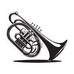 Naklejka premium Brass Harmony: A Striking Collection of Flugelhorn Vector Silhouettes Celebrating the Distinct Shape, Warm Tones, and Bold Sound of This Iconic Brass Wind Instrument.