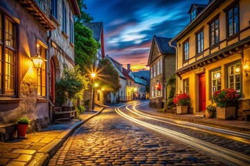 Obraz premium Long Exposure Night Photography: Charming Old Town Street, Island Nation