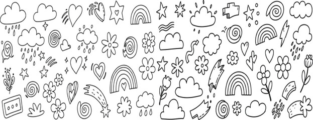 scribbles and doodles in simple linear hand drawn style with copy space, minimal monoline design elements for posters, social media, print, banners Vector set of stickers.