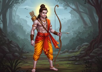 Lord Rama, the Prince,  a Digital Painting Depiction of the Hindu Deity in a Forest Setting